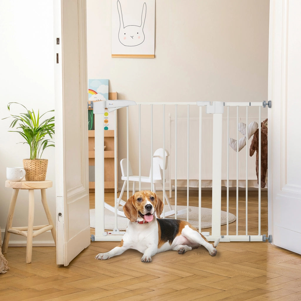 Cancelletto per Cani Taglia Piccola e Media con Doppia Serratura e Chiusura Automatica. 76-103x4.2x77 cm. Bianco
