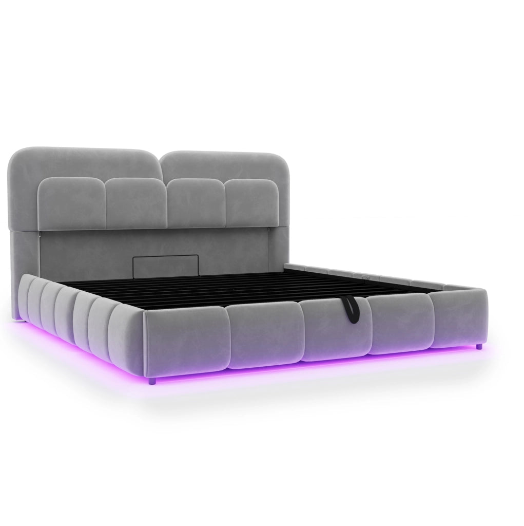 Letto imbottito 140x200 cm con contenitore idraulico e LED; velluto; grigio
