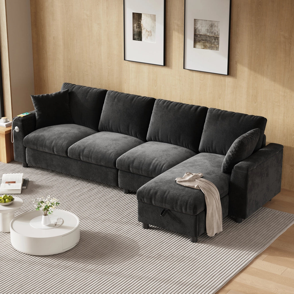 Divano letto angolare con contenitore e tavolino ribaltabile - in chenille - grigio