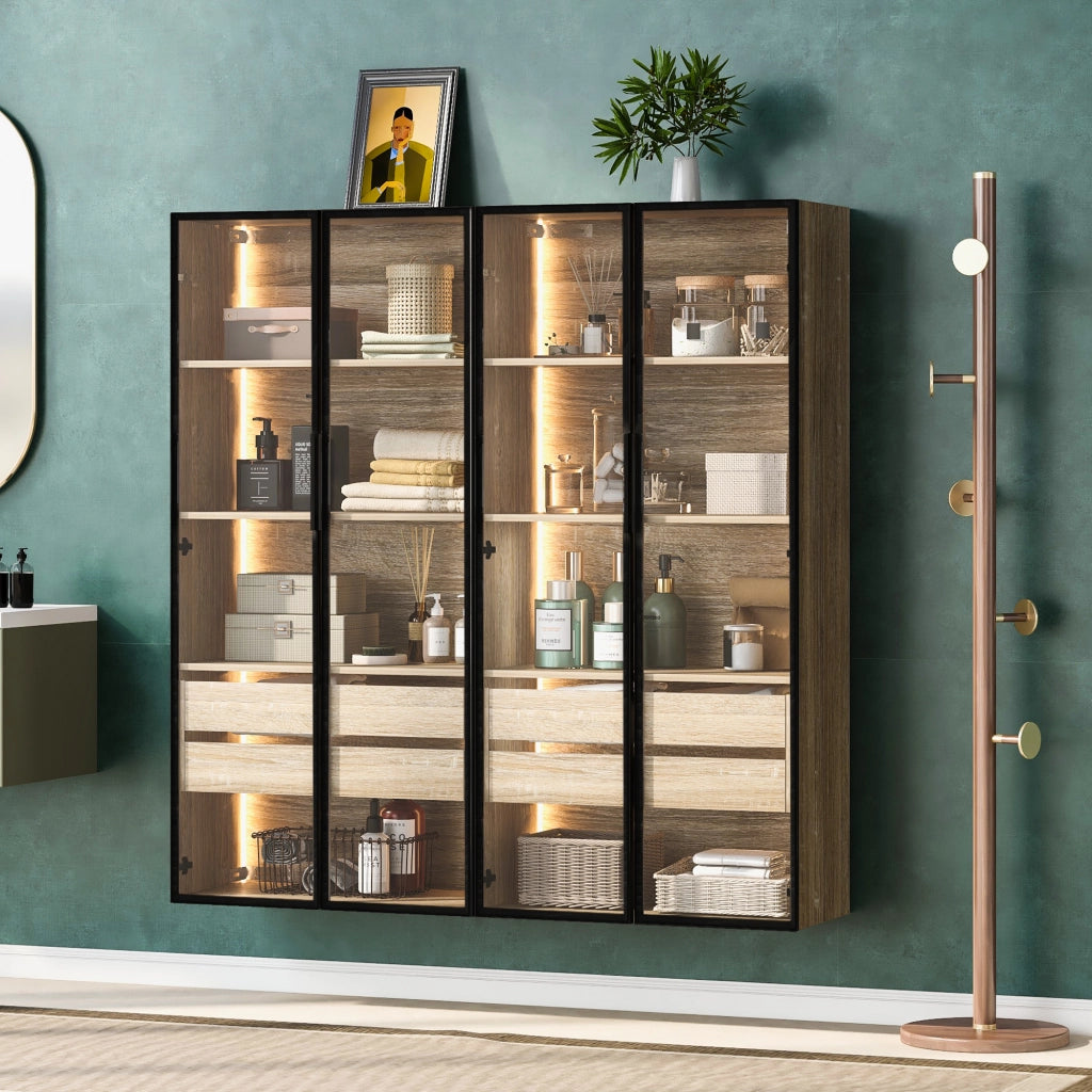 Armadietto da bagno con LED, 2 cassetti, 2 ante in vetro satinato e vani aperti, per bagno, in MDF naturale, 73 cm