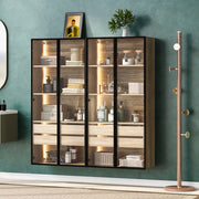 Armadietto da bagno con LED, 2 cassetti, 2 ante in vetro satinato e vani aperti, per bagno, in MDF naturale, 73 cm