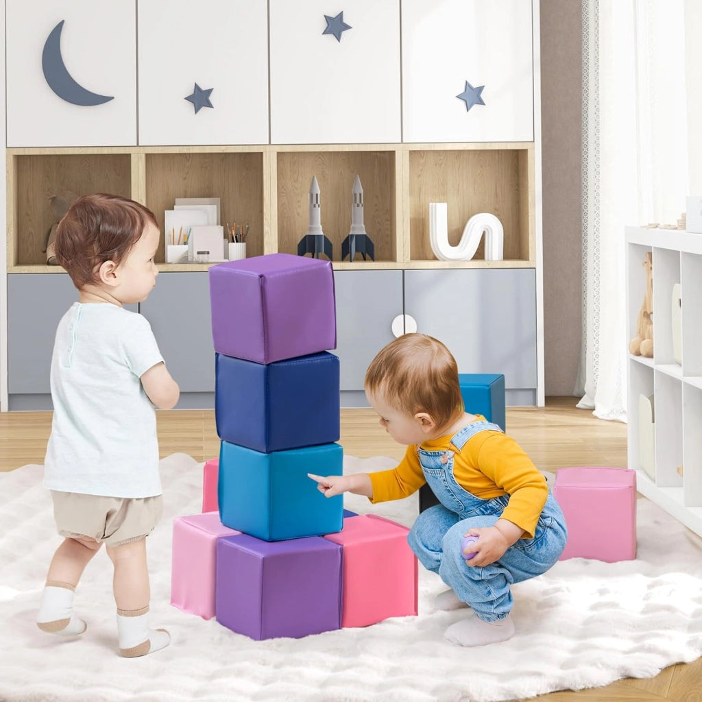 Set di 12 Blocchi da Costruzione in Schiuma EPE, Cubi Colorati 14 x 14 cm con Copertura in Finta Pelle Impermeabile, Blocchi Morbidi per Bambini per Impilare e Arrampicarsi (Rosa e Nero)