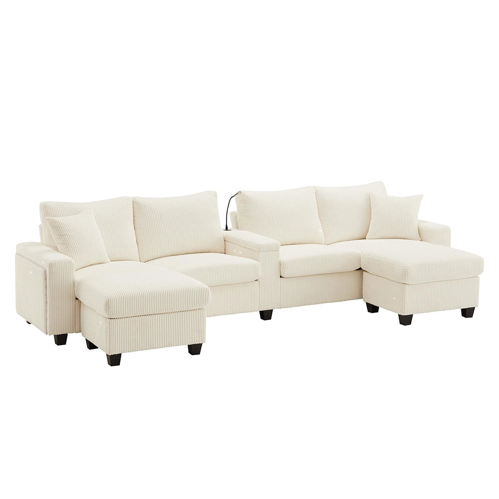 Divano a U in velluto costato - Xylo - 334x128,5x81 cm - Beige - 2 sgabelli, luce LED, porta-bevande, USB/Type-C