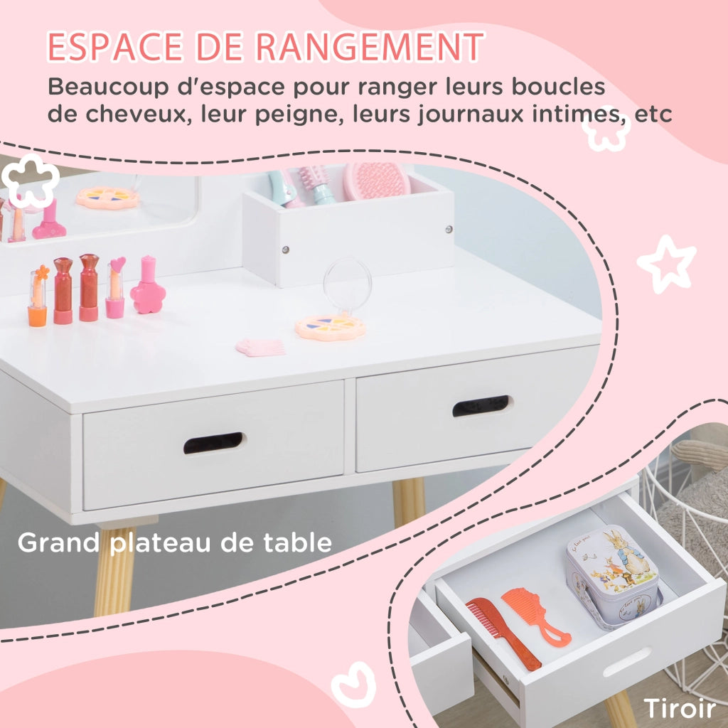 Tavolo da trucco bambini con specchio e 2 cassetti ¨C zephmum ¨C bianco e legno 60x40x95 cm