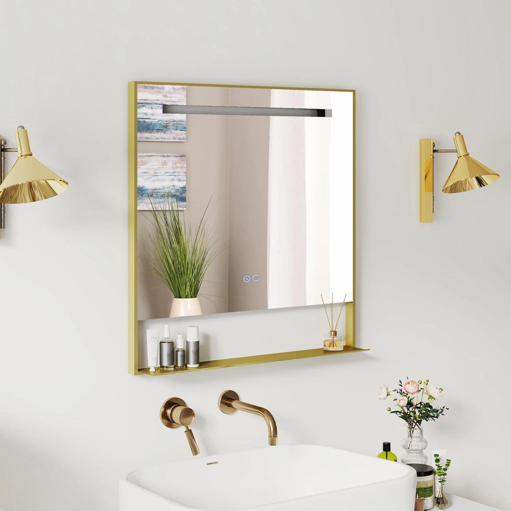 Specchio da Bagno LED 80 x 60 cm con Mensola, Specchio da Trucco con Cornice in Alluminio, Funzione Antiappannamento, 3 Colori di Luce e Luminosità Regolabile