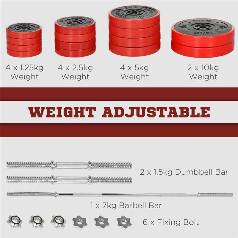 SET BILANCIERE E DISCHI 65 KG IN METALLO SABBIA DI FERRO E GOMMA ROSSO