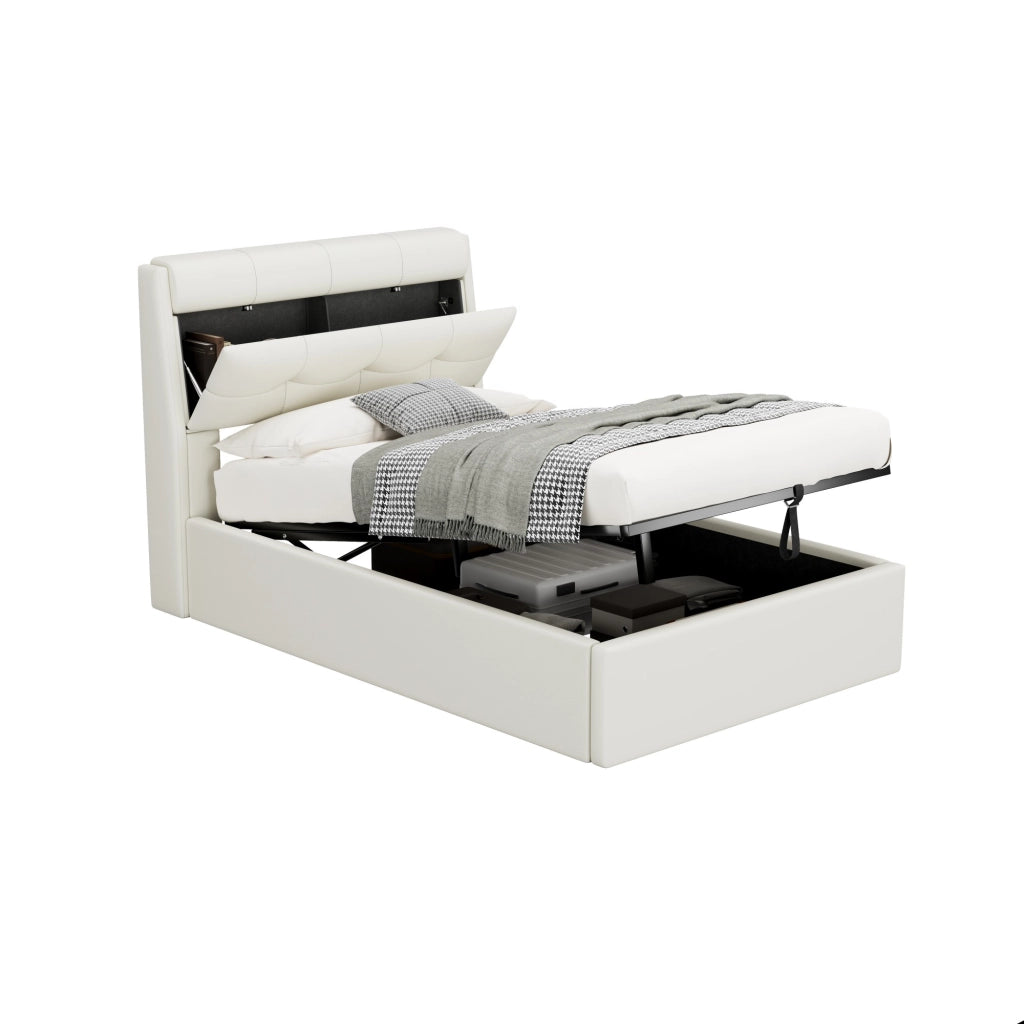 Letto Contenitore Letto Singolo 90x200 cm; 1 Posto - Idraulico e Testiera - in PU - Bianco