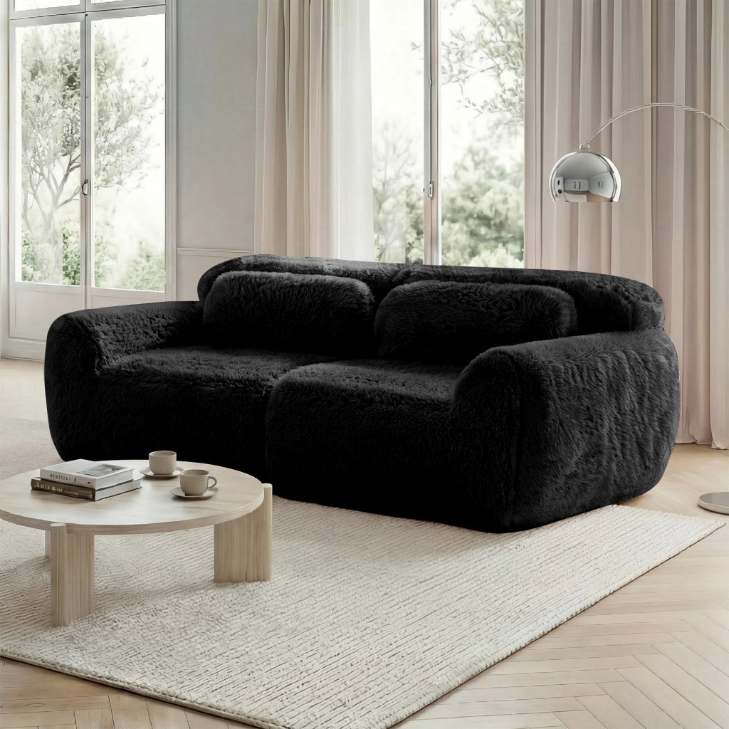 Divano Modulare 2 Posti Senza Struttura con Cuscini; Seduta Ampia; Base Antiscivolo; in Peluche Nero