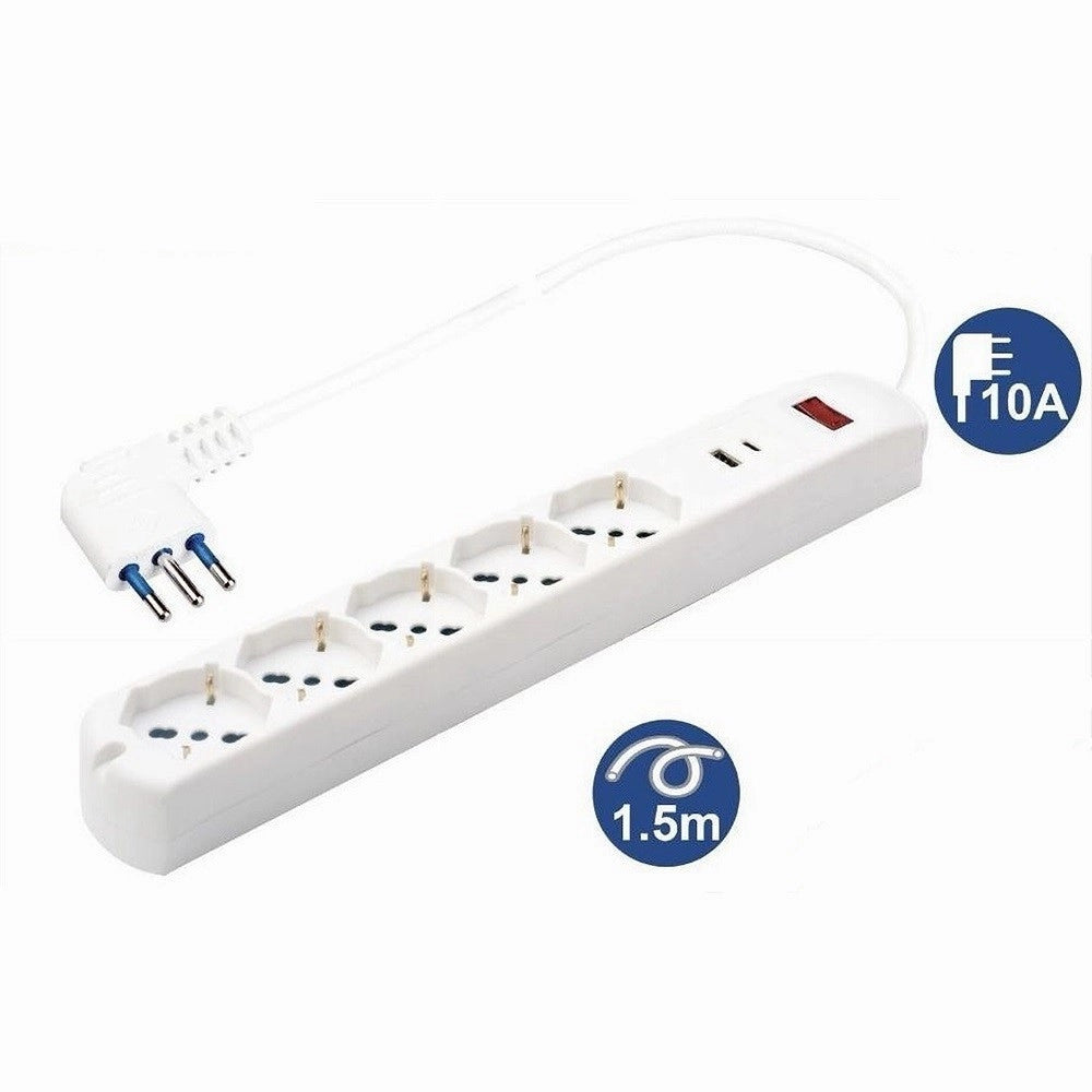 Trade Shop - Multipresa 7 In 1 Usb A + C + 5 Prese Per Bipasso / Schuko / Eu Cavo 1.5mt 80082 -