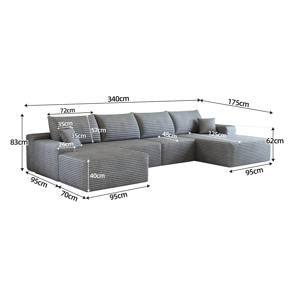 Divano angolare modulare in tessuto a coste con chaise longue e schiuma ad alta elasticità per soggiorno grigio