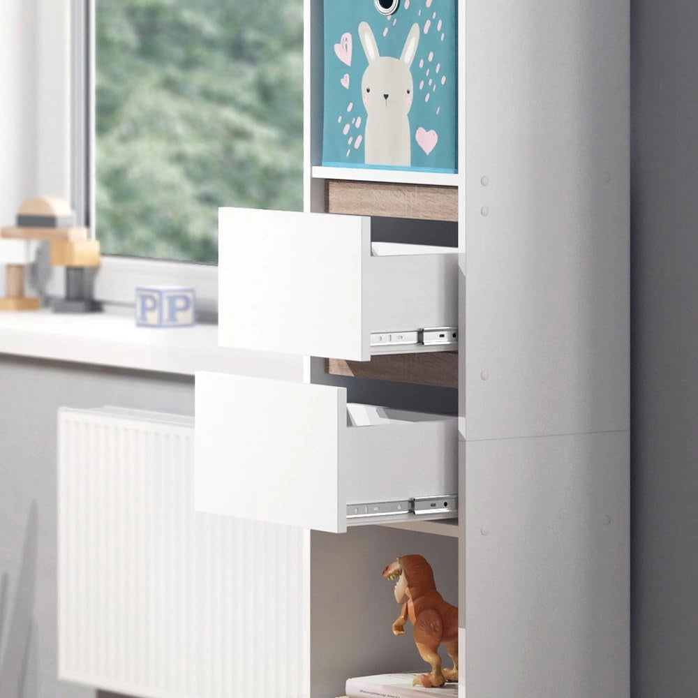 Libreria bambini Robert, Bianco, 36.2 x 171 cm con box pieghevoli colorati, adatto per riporre giocattoli e libri