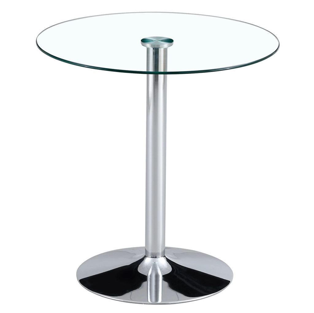Tavolo da bar rotondo 89 cm; altezza 92 cm in vetro trasparente con base in metallo argento