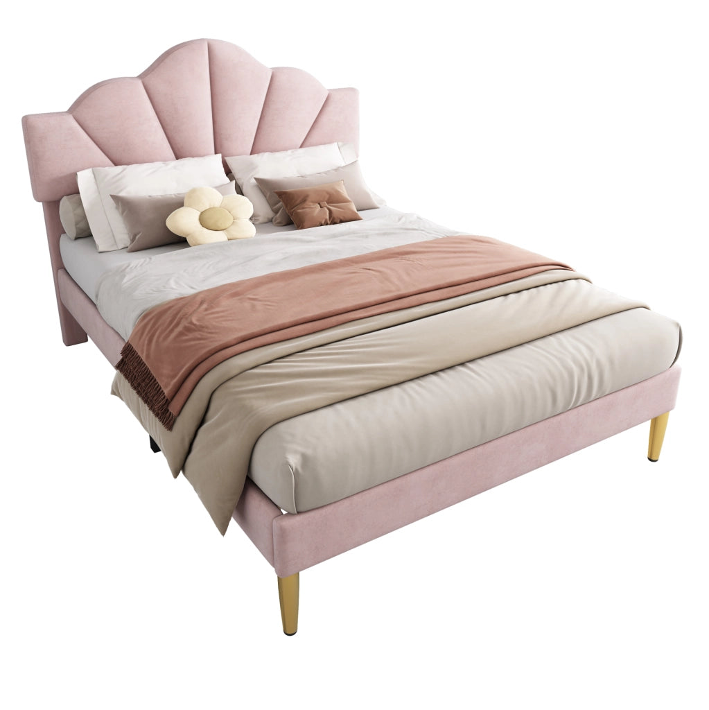Letto imbottito 140x190 cm; testiera a conchiglia; velluto rosa (Senza materasso)