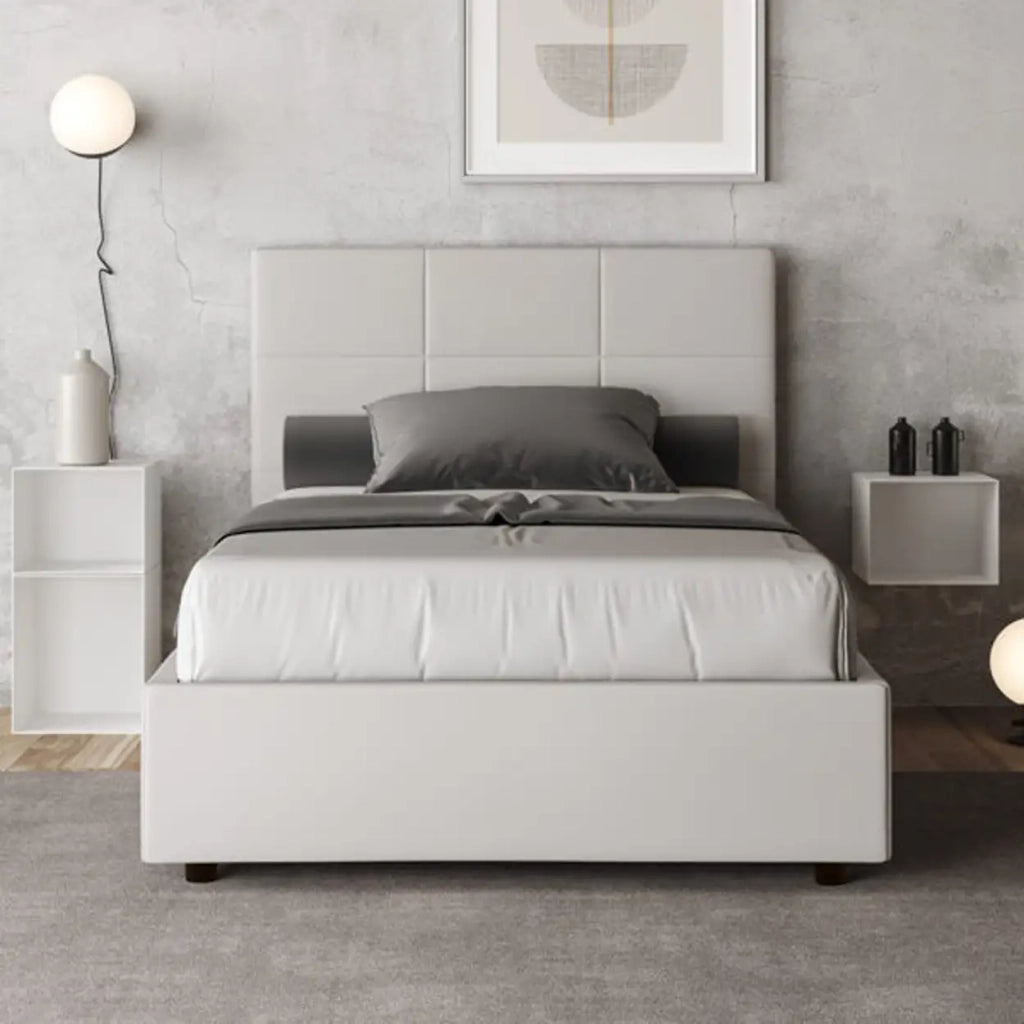 Letto matrimoniale francese con rete imbottito 140x210 similpelle bianco Mika