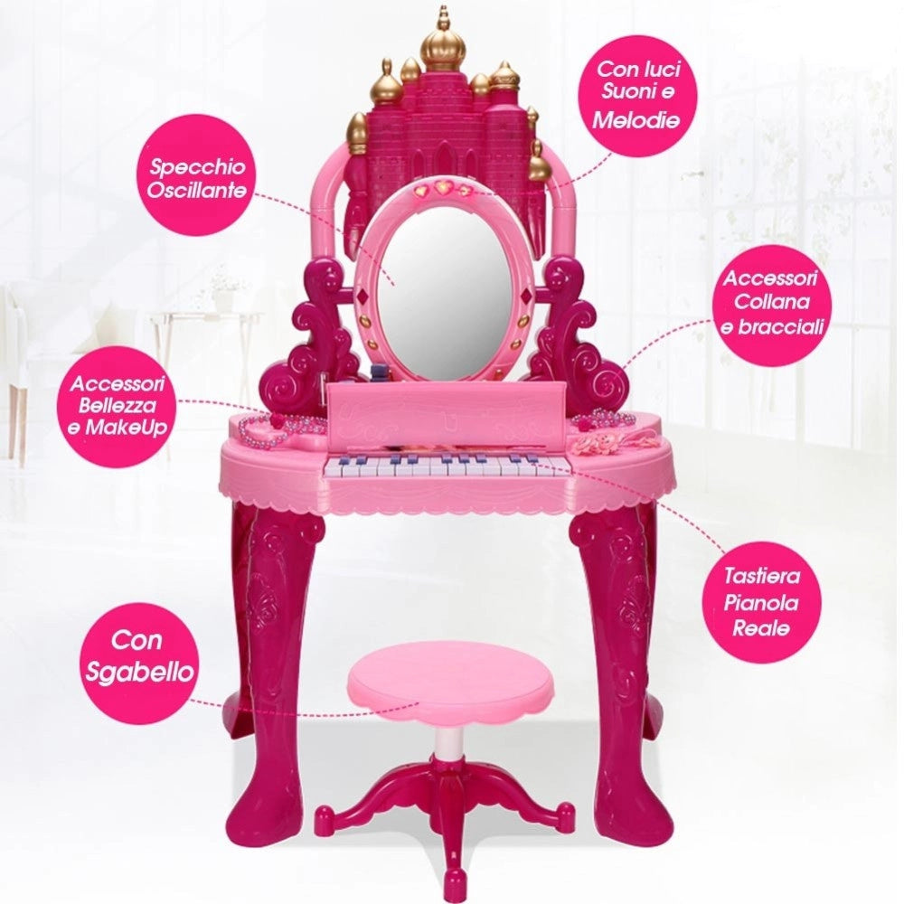 Trade Shop - Specchiera Make Up Per Bambina Con Luci Suoni Tastiera Pianola E Sgabello 2in1 -