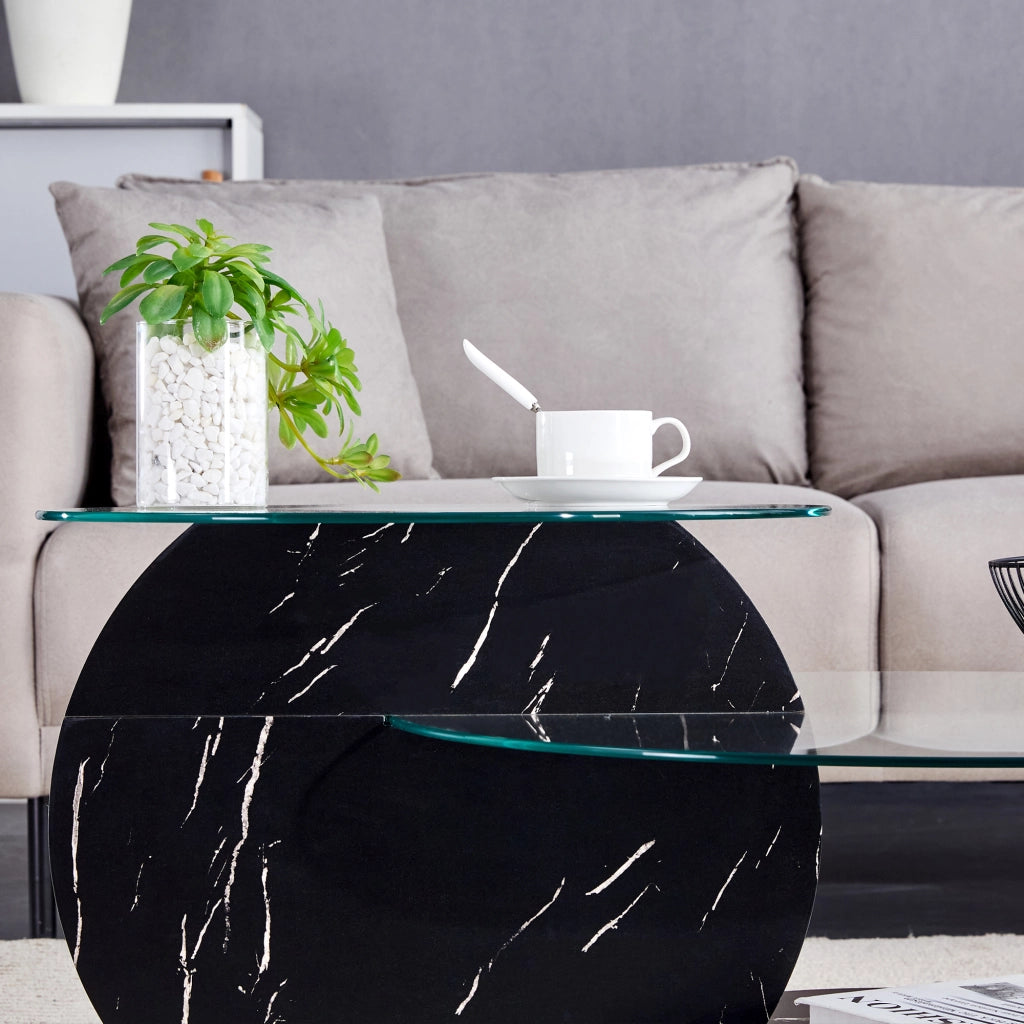 Tavolino basso fisso a più livelli in MDF e vetro temperato nero trasparente 78.5 × 78.5 × 24.5 cm