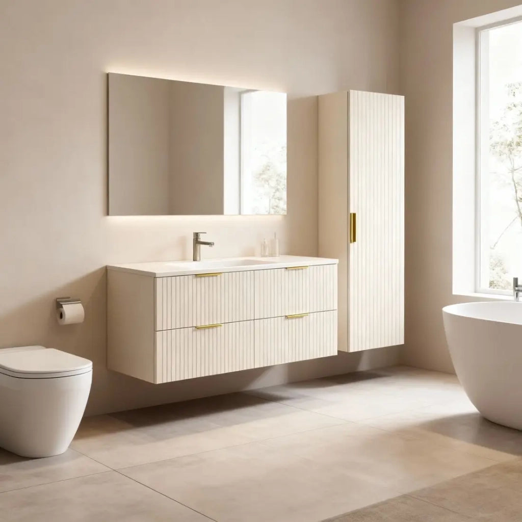 Set da bagno NOXERA 120 cm – Marrone congo – Piano per lavabo + 4 cassetti + colonna sospesa