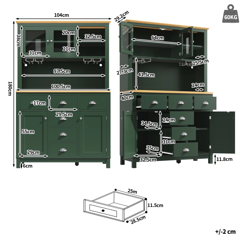 Credenza e madia con LED, vani interni e ripiani nelle ante, per cucina e soggiorno, in MDF, verde, 104 × 40 × 180 cm