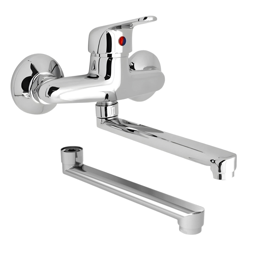 Miscelatore a muro in ottone lavello cucina con 2 canne erogazione orientabile