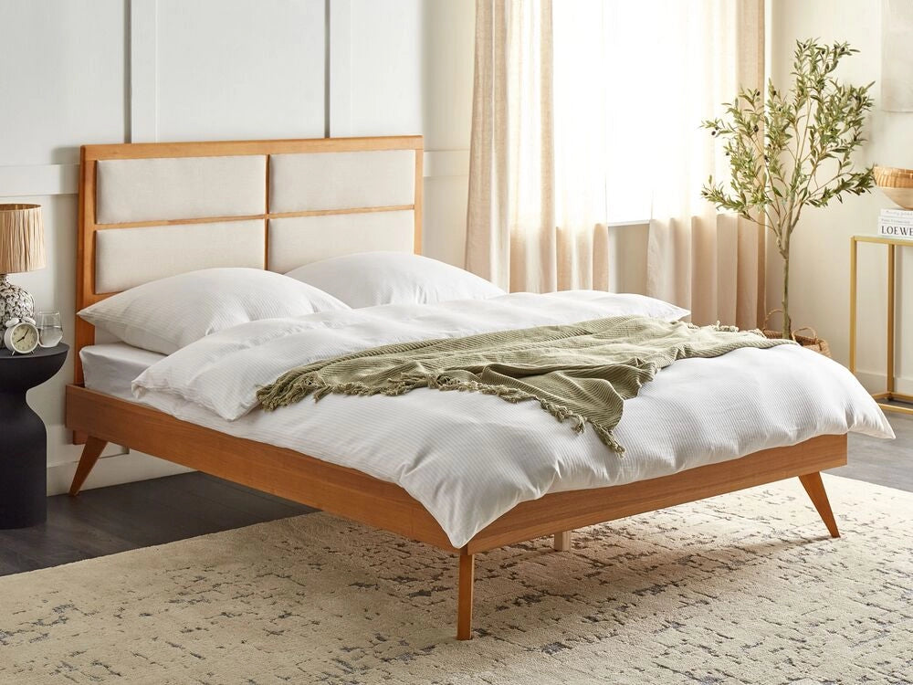 Letto 160 x 200 cm in legno di frassino marrone MDF rete a doghe testata imbottita design moderno