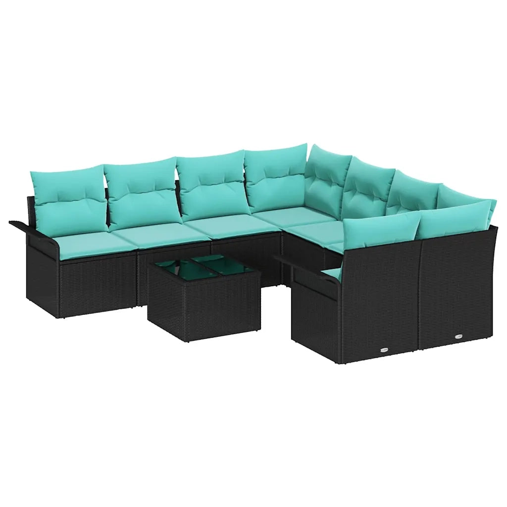 Set Divano da Giardino 9 pcs Nero e Turchese polyrattan