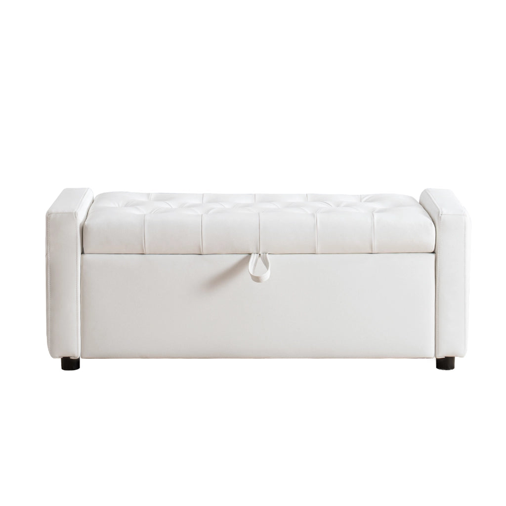 Panca contenitore rettangolare con seduta imbottita e vano portaoggetti, in legno e tessuto bianco 122 × 45 × 47 cm