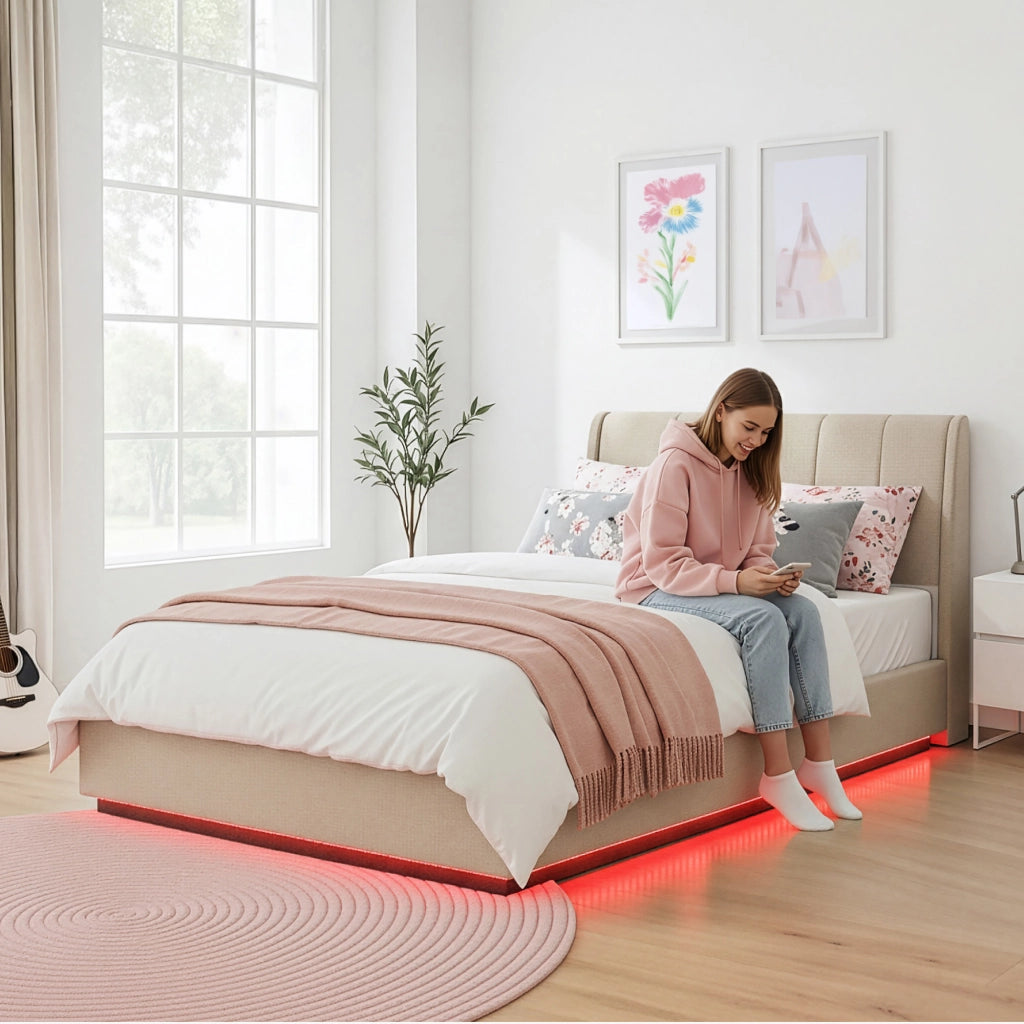 Letto Contenitore Tröstiar con Apertura a Ribalta e Luce LED Letto Francese 140x200 cm Beige [en.casa]