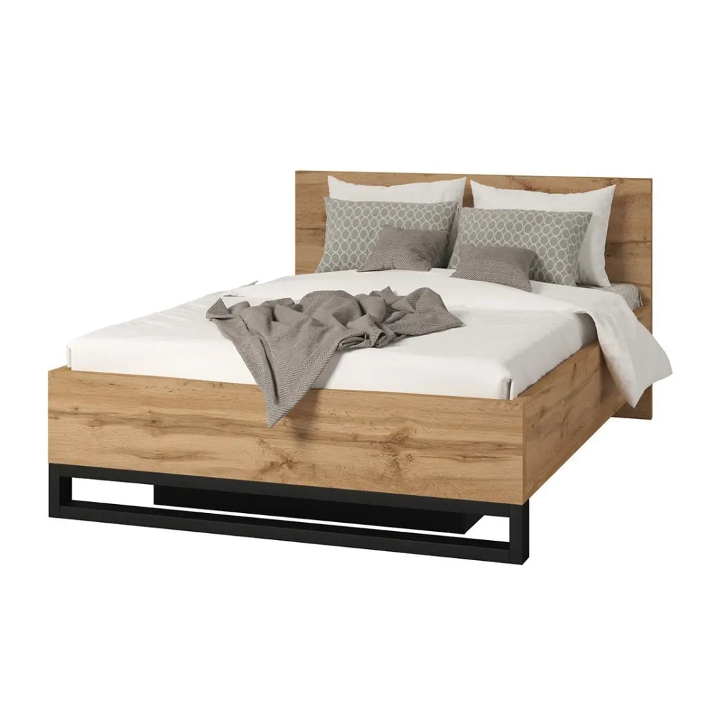Letto contenitore 140x200 stile industriale - Collezione MILOS. Colori rovere grezzo e nero.