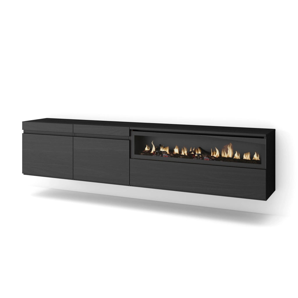 Mobile TV, 200x35x45cm, soggiorno, Per TV fino a 80", Camino elettrico, da appendere, Nero RF2195