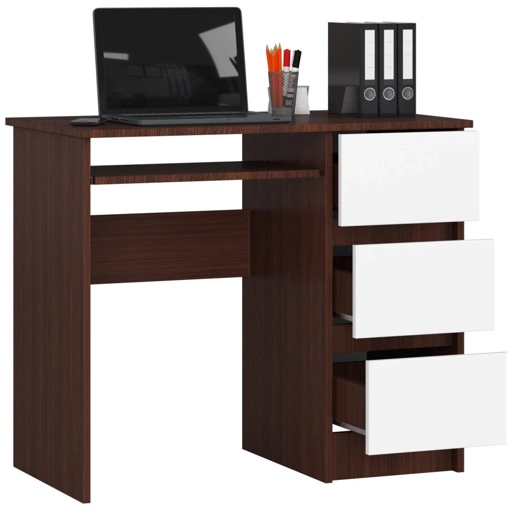 Scrivania per computer AKORD A6 Wengé 90 cm 3 cassetti inserto frontale Bianco 90x50x77 cm Modello a destra