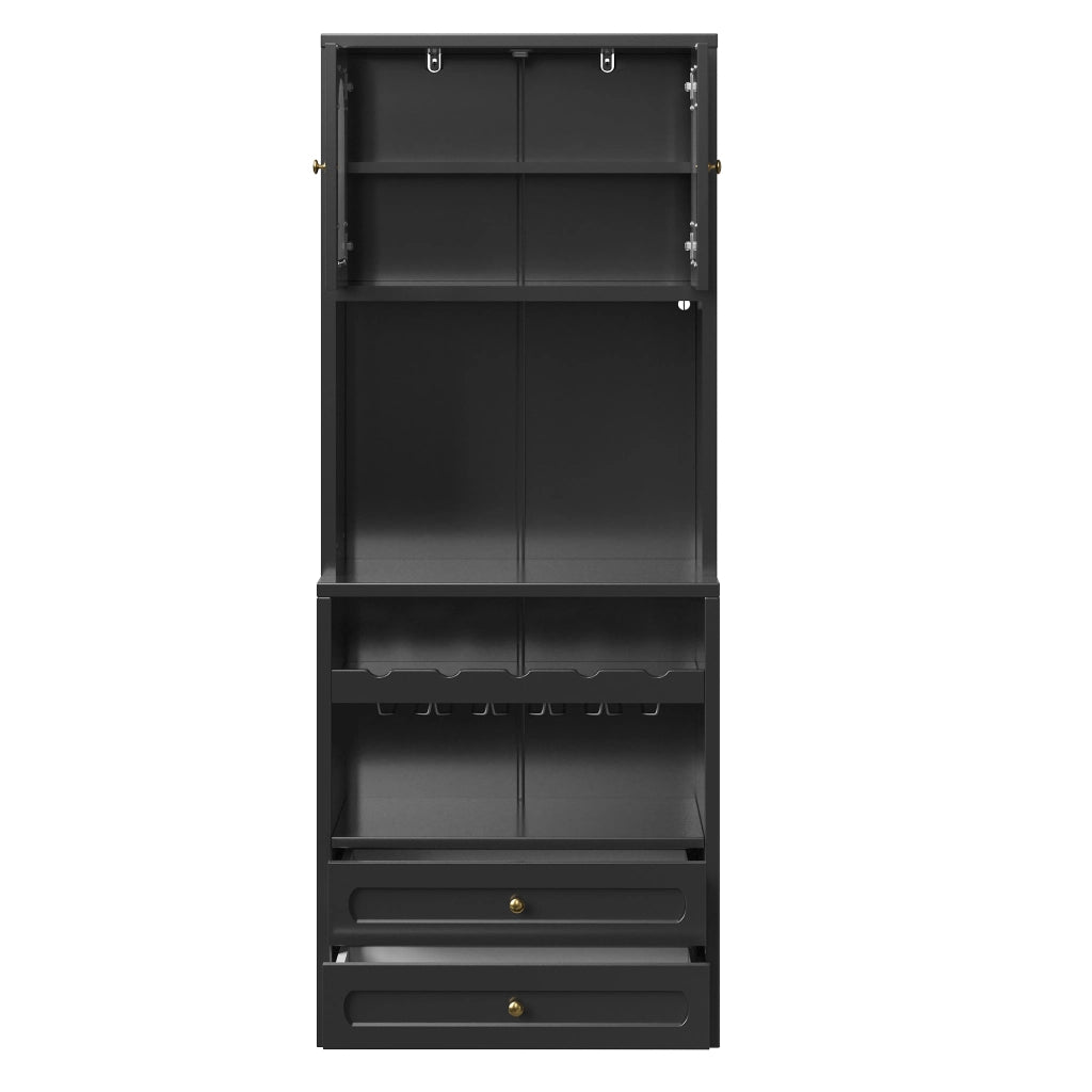 Credenza alta con ante in vetro curve LED con app e musica, ripiani regolabili, portabottiglie, nero 70 × 40 × 180 cm