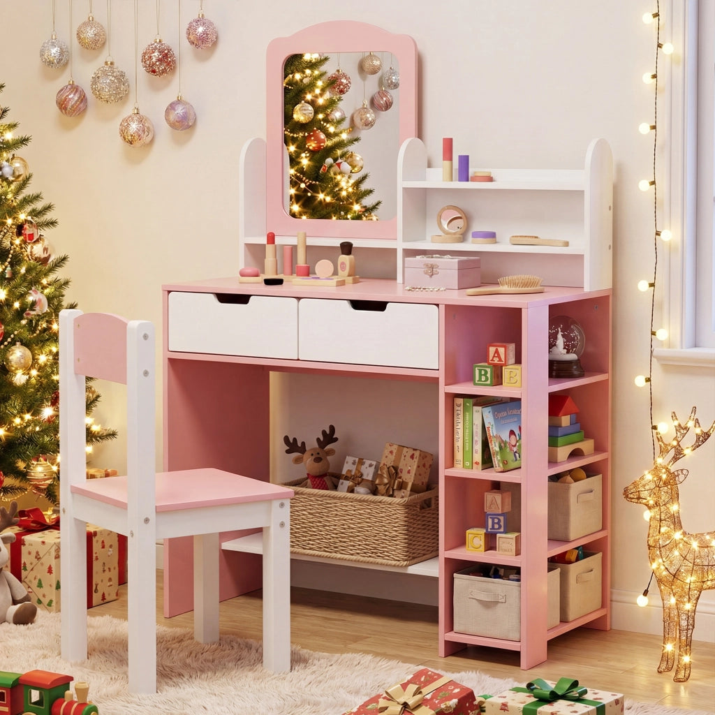 Toletta trucco per bambini 3-7 anni con tavolino e sgabello, Toletta trucco con scaffale libreria e ripiano per studio e gioco