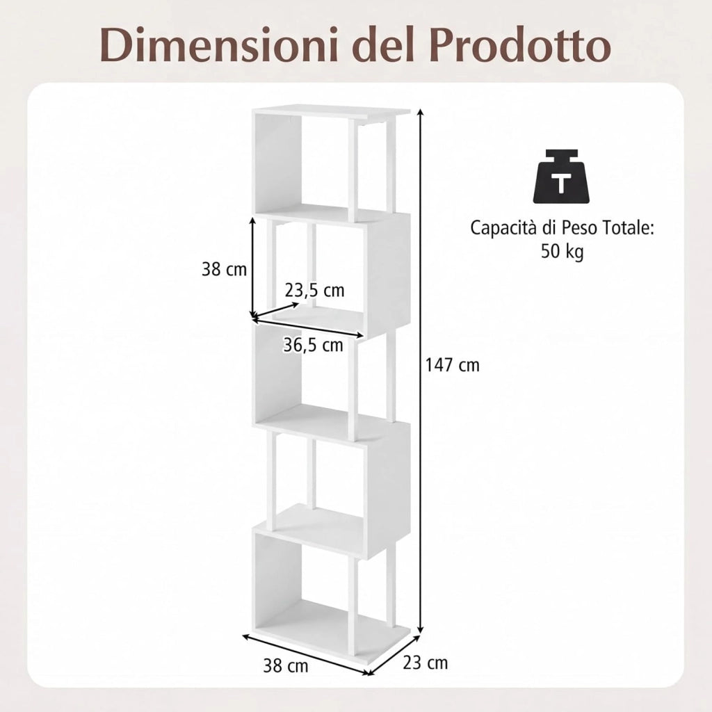 Libreria a 5 Livelli in Legno, Scaffale Espositore Geometrico con Struttura in Metallo, Mobile Portaoggetti Salvaspazio per Camera da Letto Soggiorno Ufficio, 38x23x147 cm (Bianco)