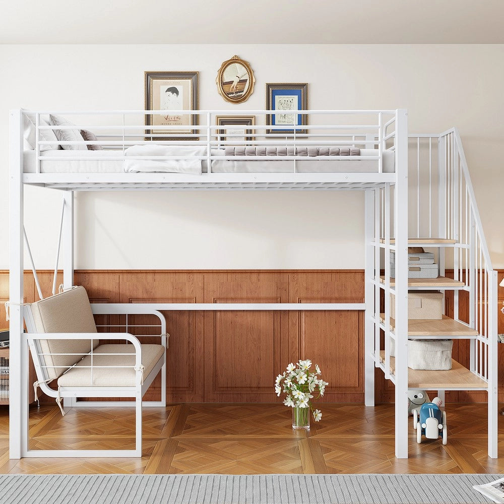 Letto a castello stabile - Zephmum- 90x200 cm - Bianco - Con divano, spazio di archiviazione e scala di sicurezza