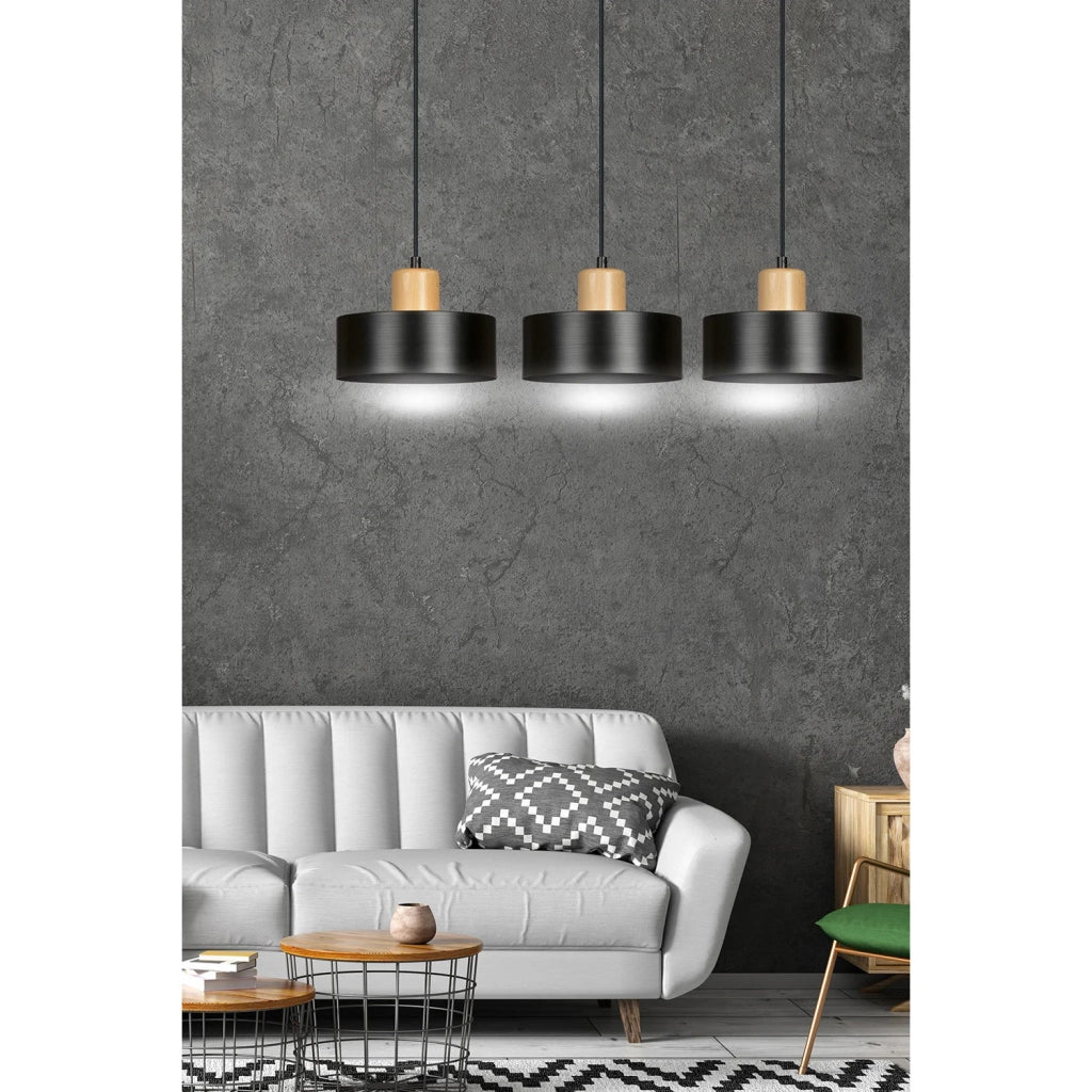 Sospensione Nordica 3 Luci Surya In Acciaio Nero E Legno