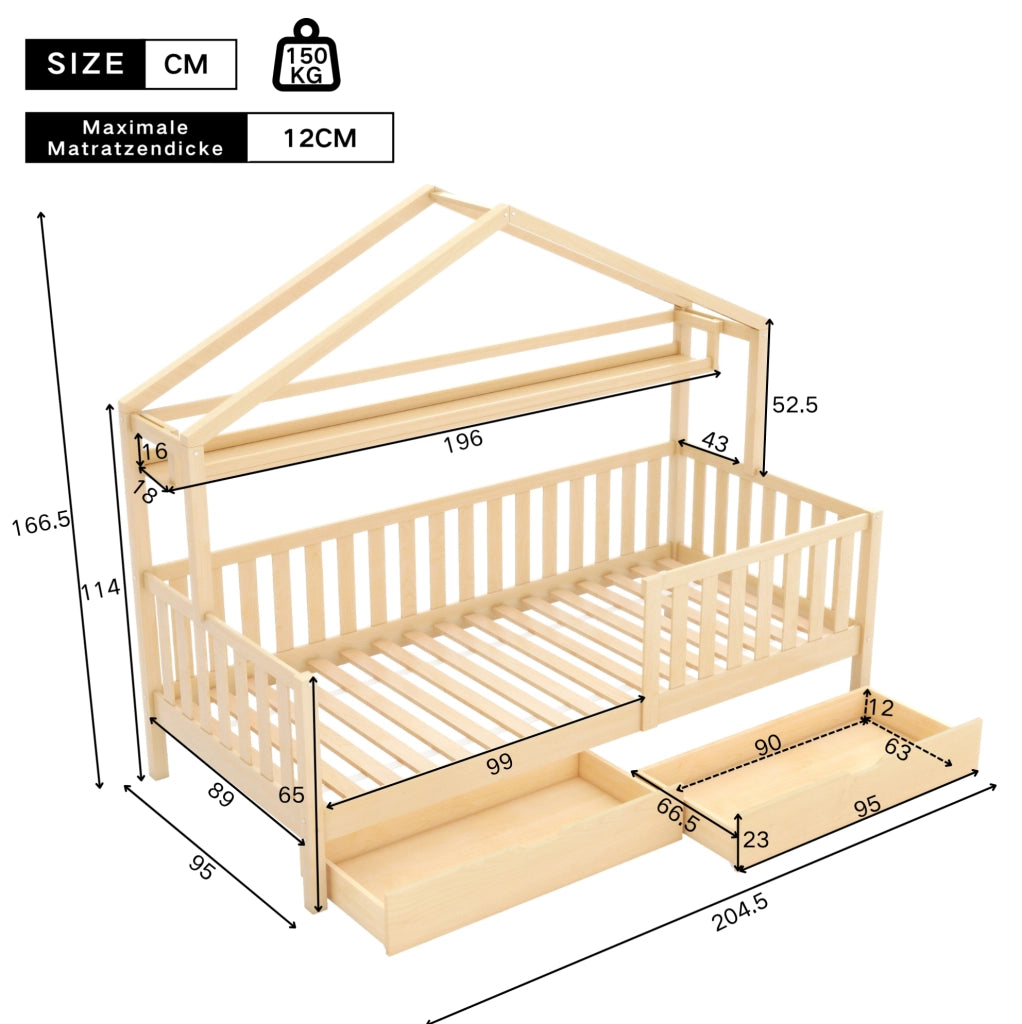Letto a casetta per bambini 90x200 cm con cassetti; legno; colore naturale (Senza materasso)