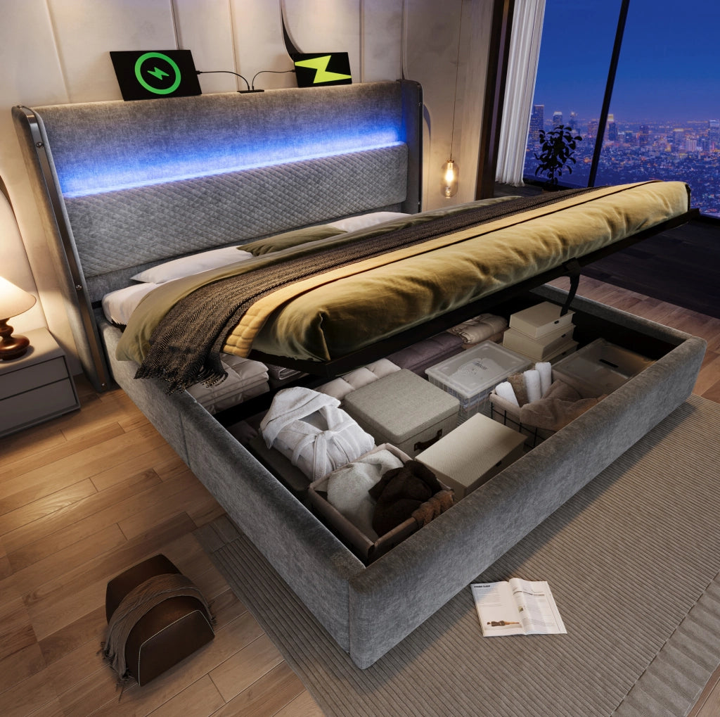 Letto contenitore 140x200 cm grigio con LED, USB e Type-C