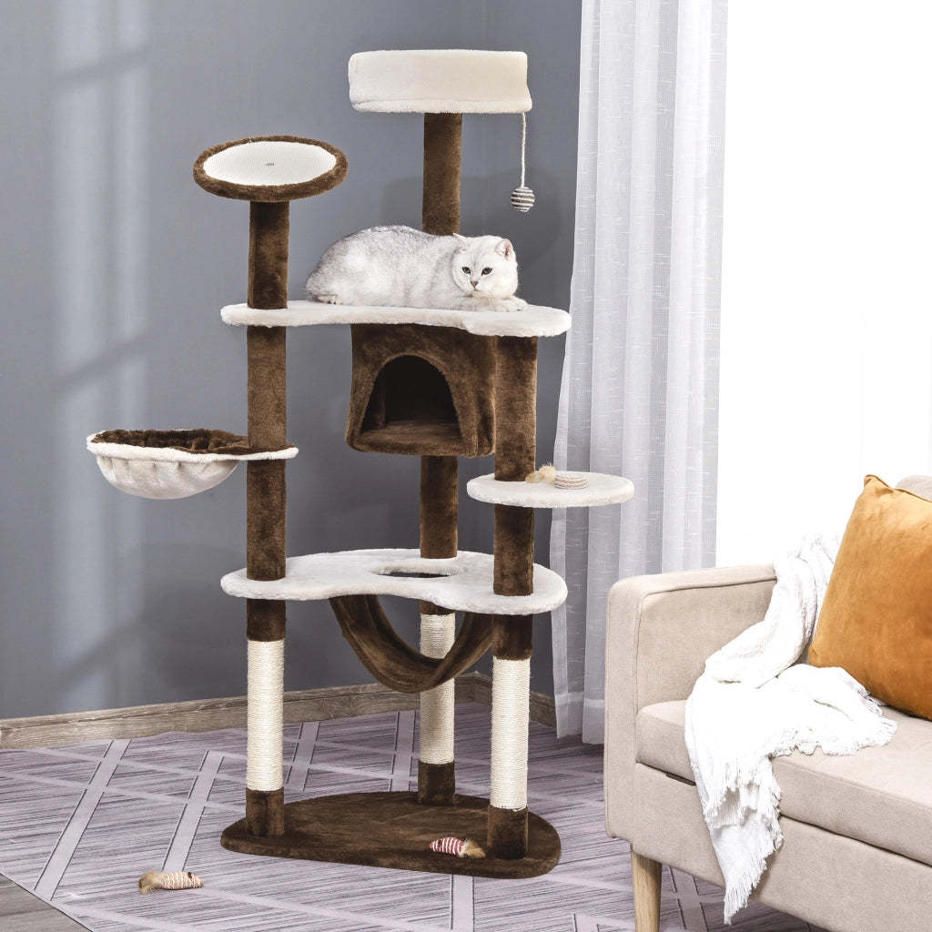 Albero Tiragraffi per Gatti con Cuccia, Amaca e Pallina in Peluche, Marrone, Struttura in Plywood
