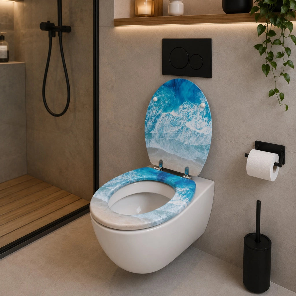 Sedile Copriwater Universale Per Bagn MDF Effetto Onde Marine Con Cerniere 94108