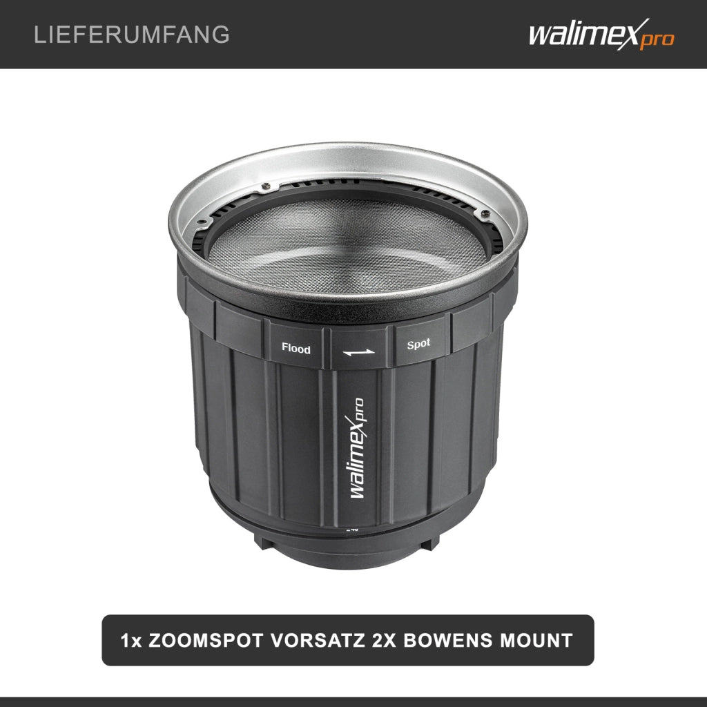 attacco Zoomspot 2X Bowens - Faretto a regolazione continua da 12° a 40°, per LED fino a 350W, resistente al calore fino a 100°C, compatibile con attacchi Bowens/Walimex Pro