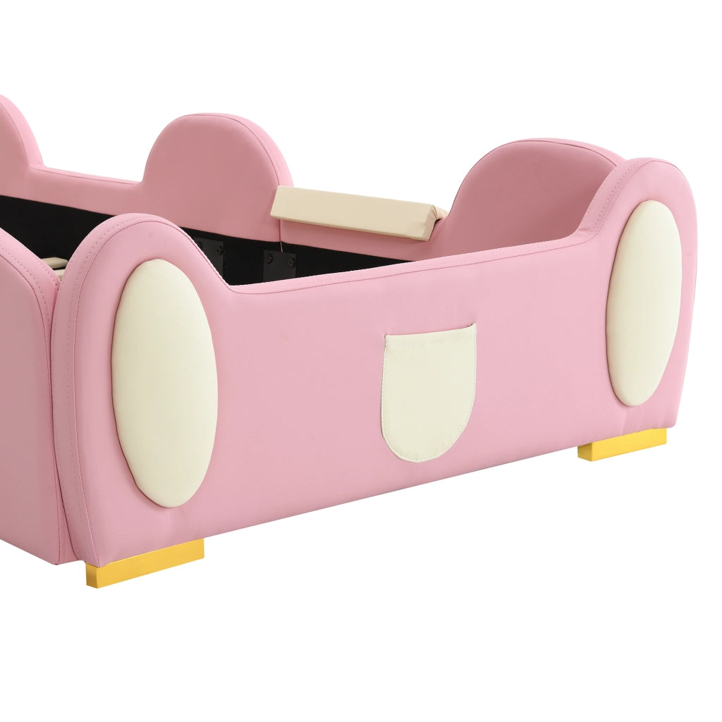 Letto imbottito per bambini 90 × 200 cm con scivolo; scala reversibile; LED multicolore; PU rosa e beige