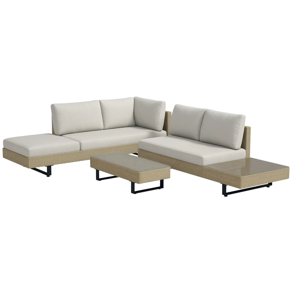 Divano Angolare 5 Posti con Tavolino ¨C Zephmum ¨C Beige, Polyrattan, Acciaio