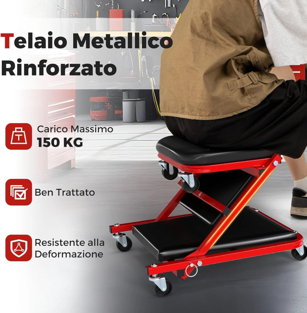 COSTWAY 2 in 1 Sgabello da Officina a Forma di Z, Carrello Meccanico sotto Auto con Sedile Imbottito e Ruote Girevoli a 360°, Portata 150 kg, per Garage e Officina (Nero)