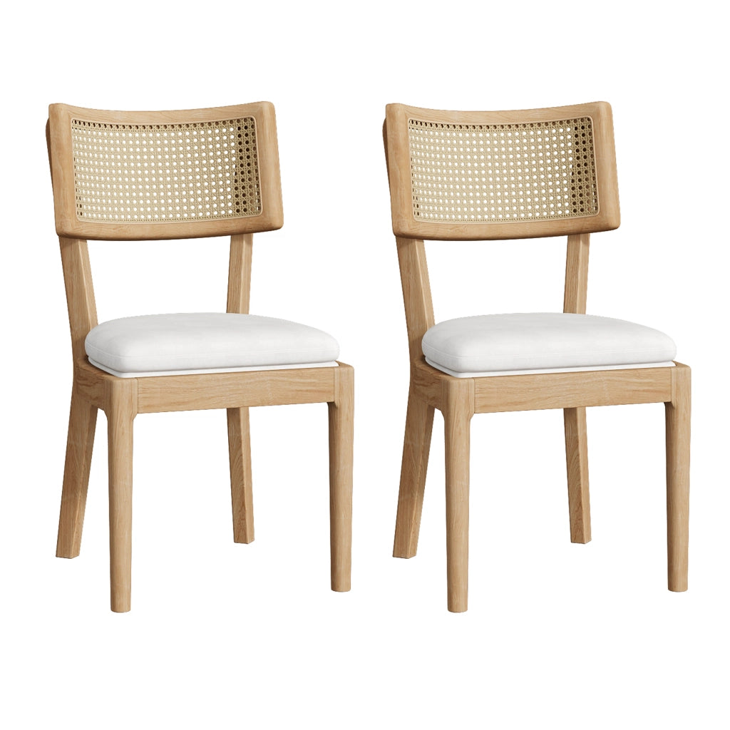 Set di 2 sedie da pranzo in legno massello con schienale in rattan e cuscino in lino, stile moderno, colore legno