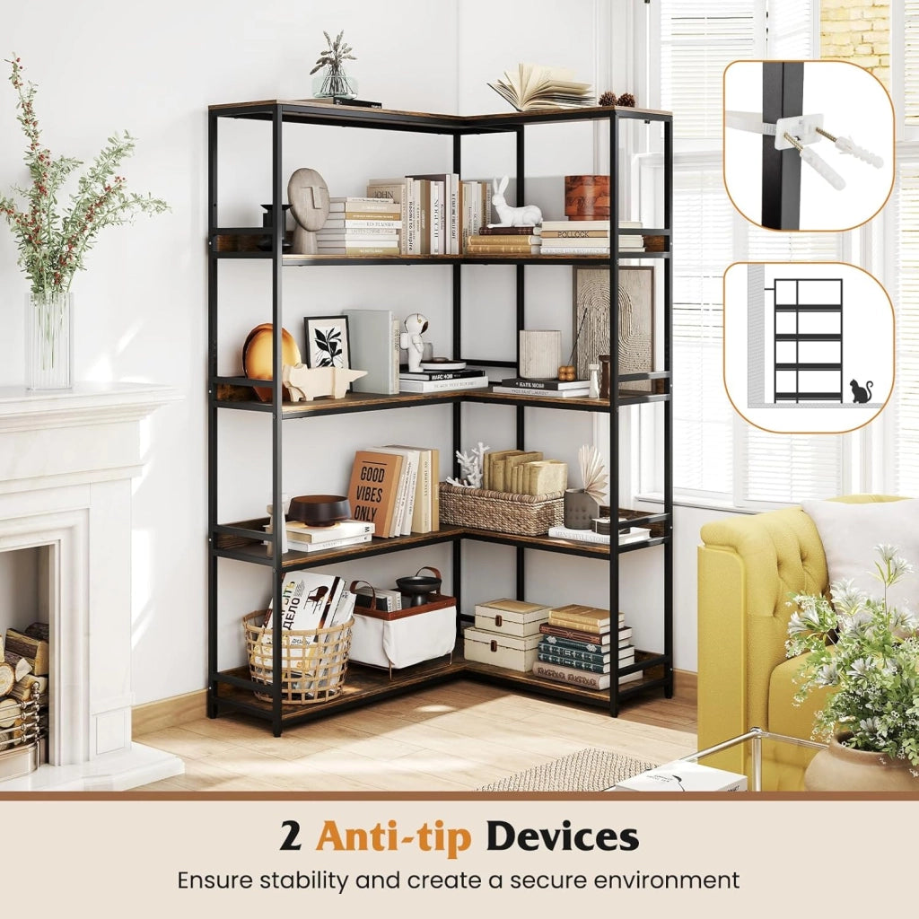 Scaffale multifunzionale a 5 livelli, libreria a forma di L con struttura in metallo resistente, ripiani aperti con bordi rialzati, 110 x 89 x 180 cm, per soggiorno, ufficio