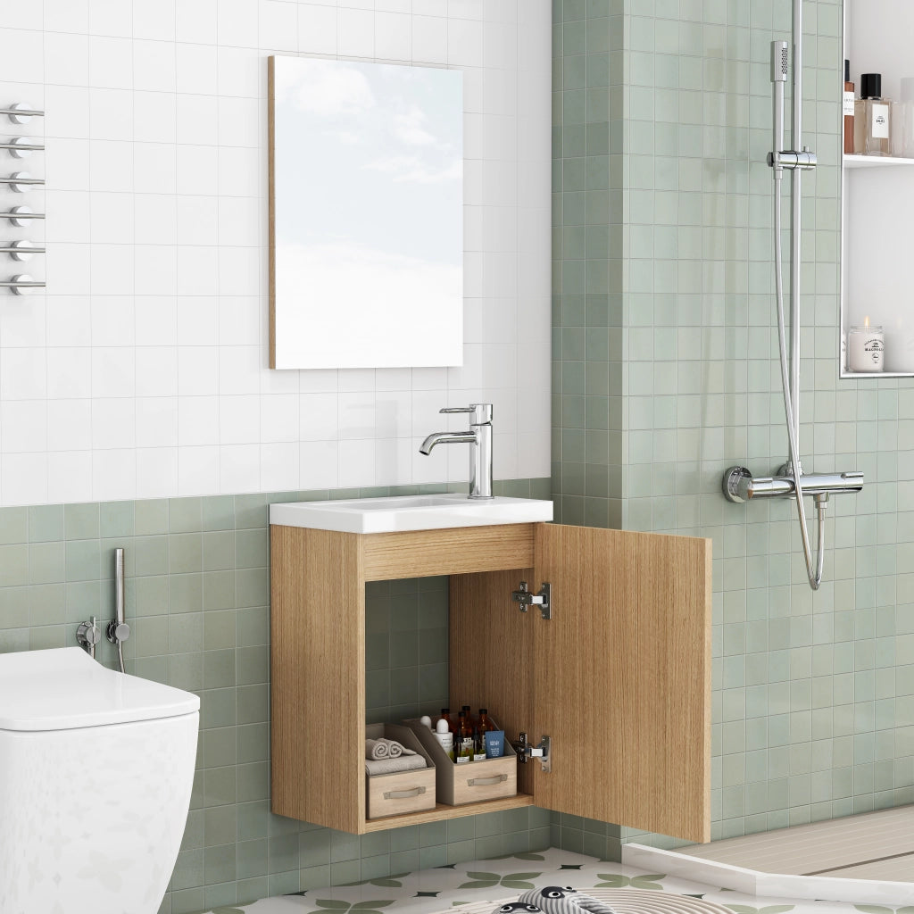 Mobiletto da bagno a parete con lavabo in ceramica e specchio, maniglie in metallo, cerniere con chiusura ammortizzata, completamente preassemblato,