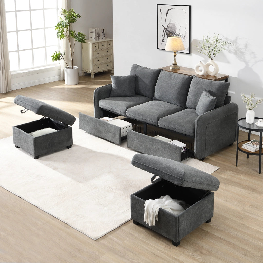 Divano Angolare Modulare 3 Posti con Contenitore; Convertibile con 2 Pouf Contenitore; Struttura Metallo Legno in Ciniglia Grigio Scuro