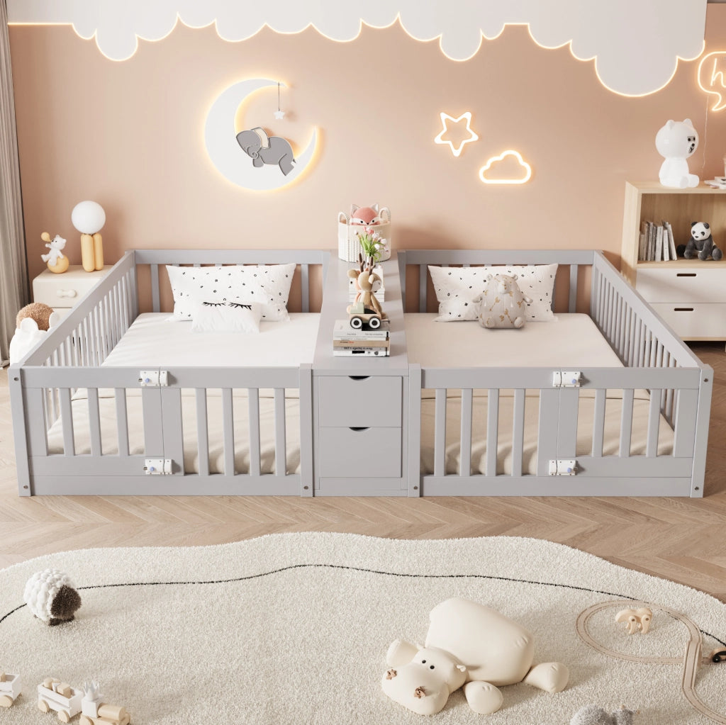 Letto 90x200 cm con sponde alte e cassetti in legno grigio