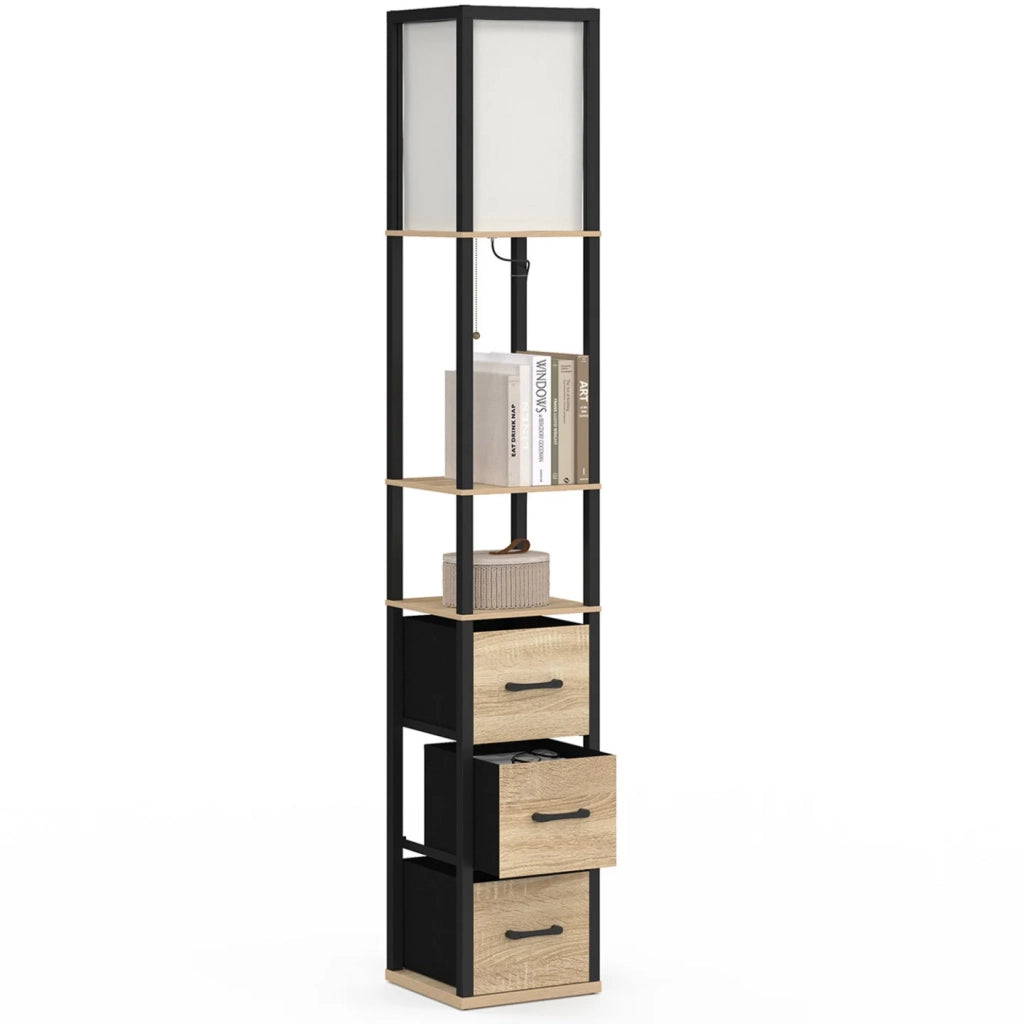 IDMarket - Lampada da terra industriale in legno nero con ripiani in legno chiaro, 3 cassetti in tessuto UTAH e paralume quadrato bianco