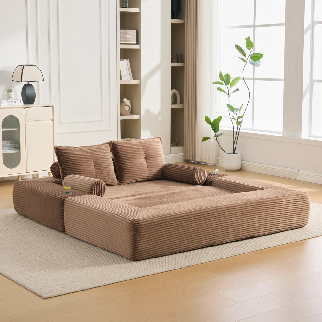 Divano letto pieghevole con portabicchieri tasche laterali e cuscini in memory foam in velluto a coste marrone